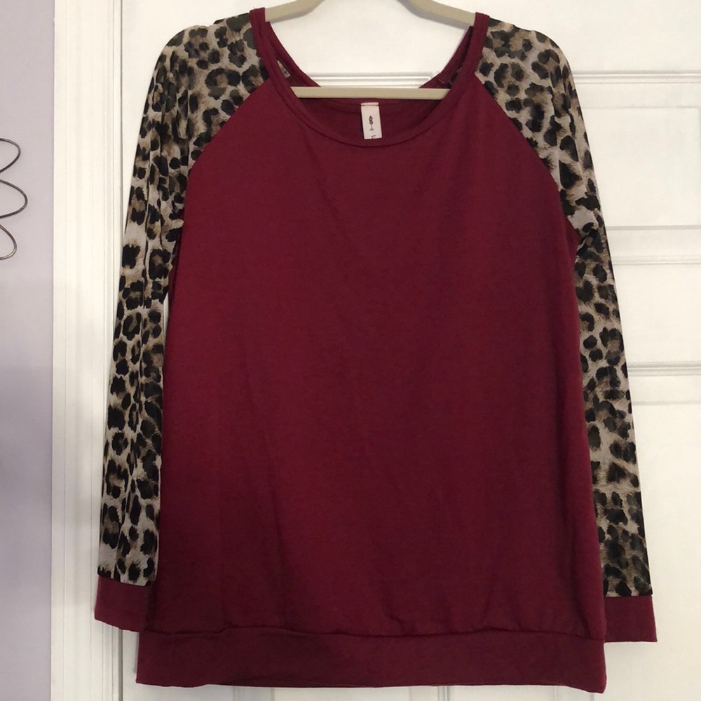 Burgundy and Leopard Printed Sweater- size Large